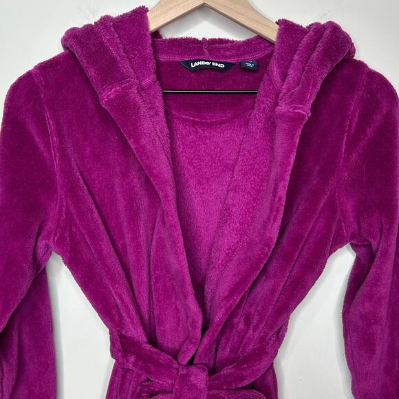 Lands' End Kids Purple Plush Fleece Bathrobe Size 12 Hood Attached Belt Robe - Picture 2 of 9